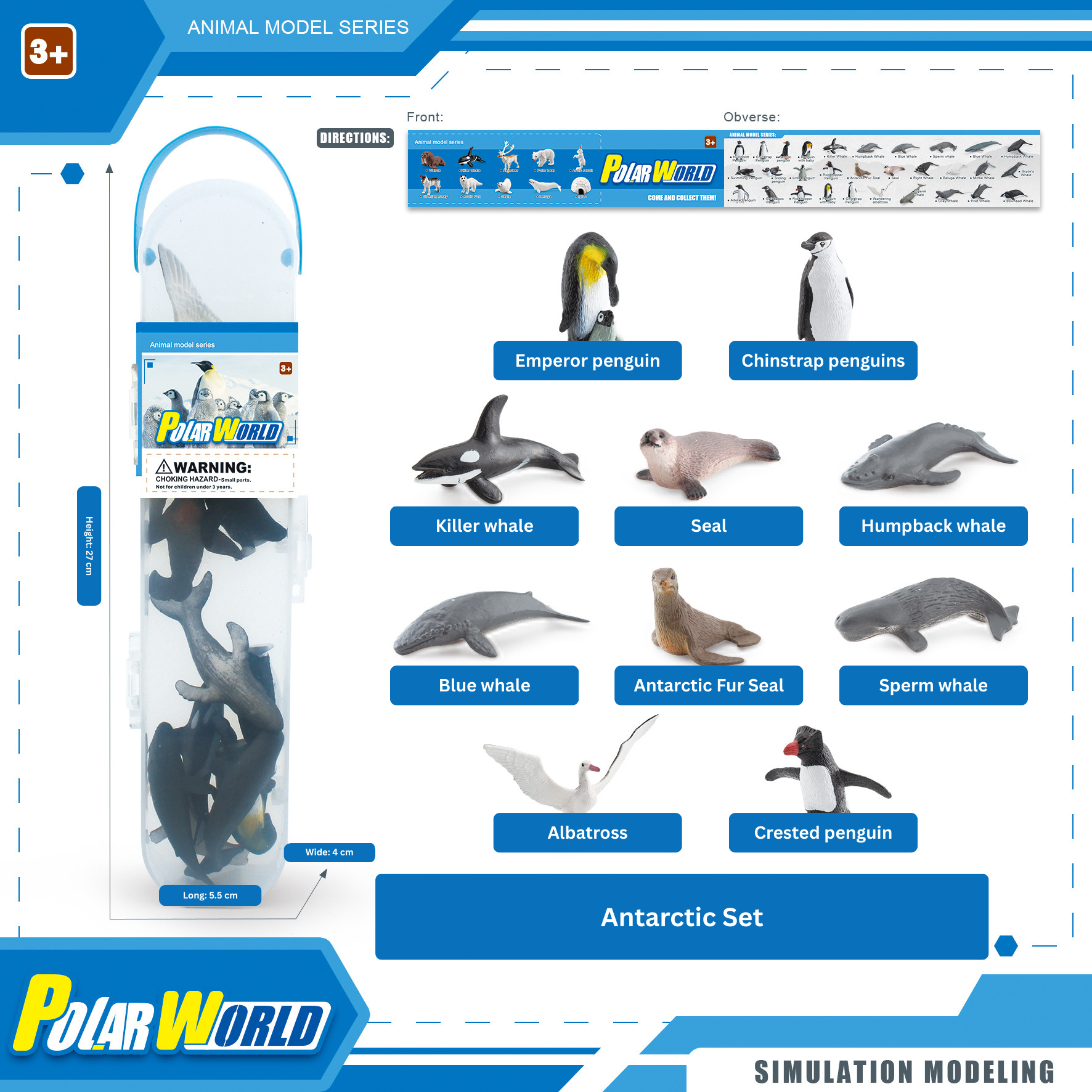 Polar World Antarctic set with animal models and packaging on a white background